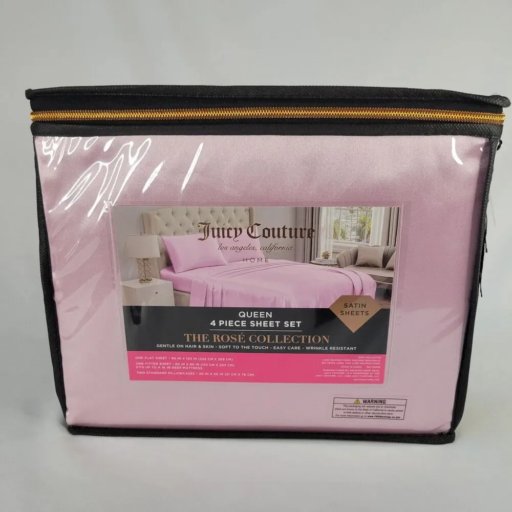 Juicy Couture Pastel Pink Satin 4pc QUEEN Sheets Set Easy Care Sleek Smooth Soft
